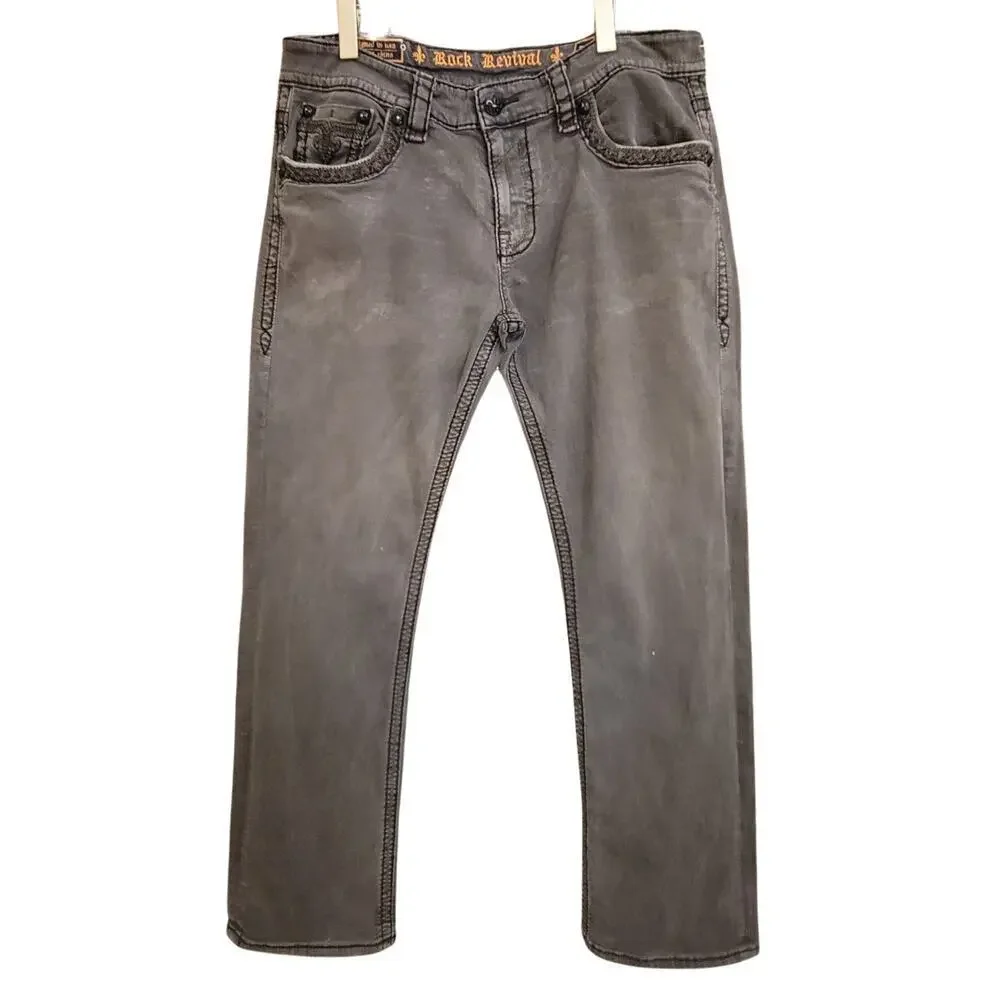 ROCK REVIVAL Gray Ben Straight Leather Detail Jeans Mens 36 Rebel Biker 90's